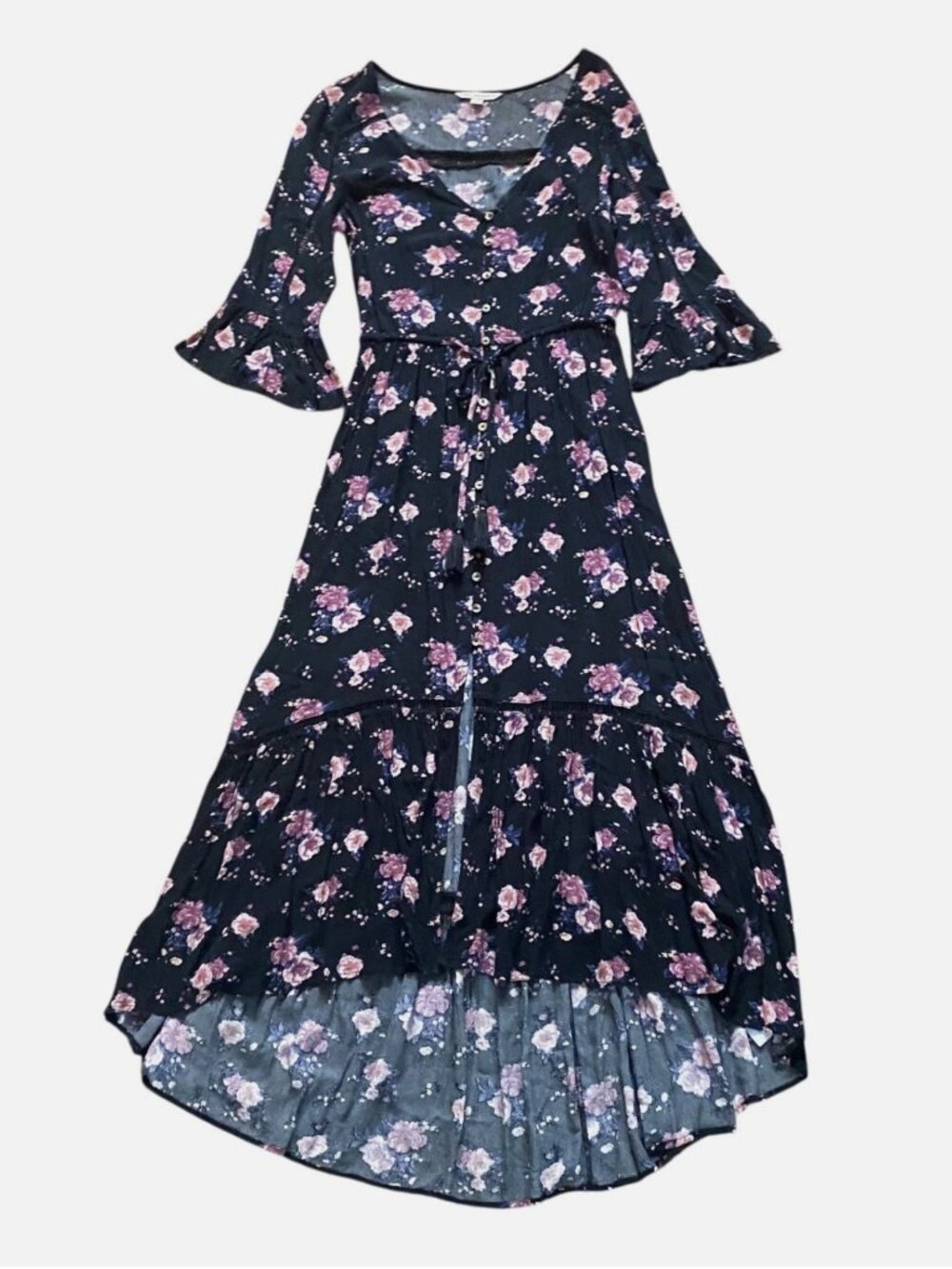 American Eagle Black Floral Dress With Bell Sleeves Size S